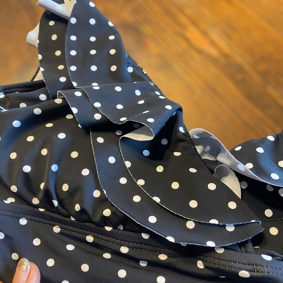 Ralph Lauren Black White Polka Dot Ruffle Tankini SLIMMING Top&black bottom-SZ-8 - Picture 6 of 12